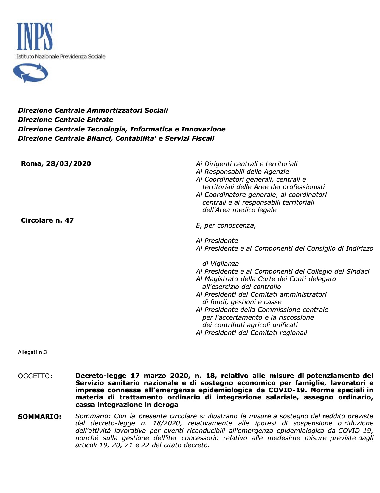 Circolare Inps n. 47 del 28.03.2020 - Decreto-legge 17 marzo 2020, n. 18